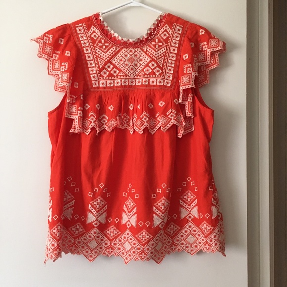 Feather Bone Tops - Beautiful Feather Bone Anthropologie Orange Cotton Eyelet Embroidery Blo…